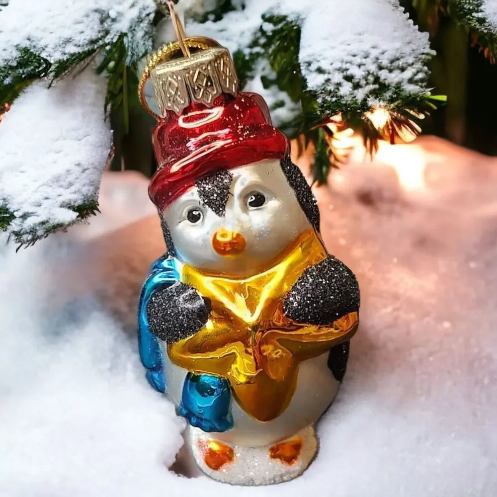 Gold Star Top Hat Penguin Snowman Hand Blown Glass Ornament Thomas Pacconi 2002